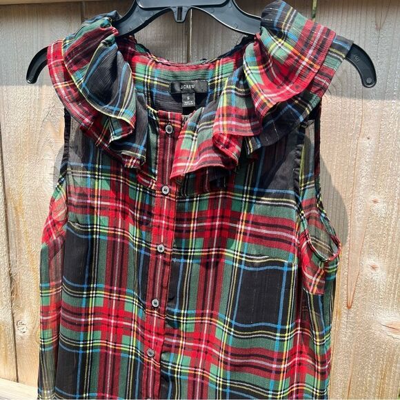 J Crew Sheer Plaid Buttoned Down Sleeveless Ruffled Top size Small - Picture 3 of 8